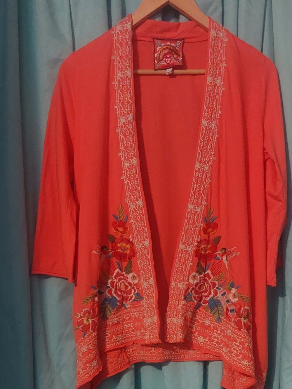 Johnny Was LA Coral/Pink Floral Embroidered Kimono Cardigan Small